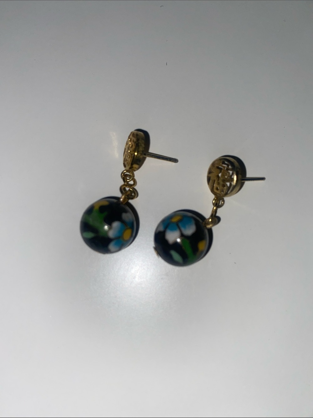 Gold Drop Earrings with Black Floral Glass Beads - Multicolor